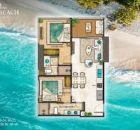 Floor plan of a 3-bedroom apartment with two bedrooms and two bathrooms, with a beach view.