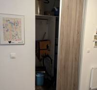 Storage space in a 2-room apartment with wooden decor and a children's drawing on the wall.