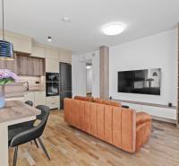 Living room in a 3-room apartment with a kitchen, sofa, and wooden decor flooring.