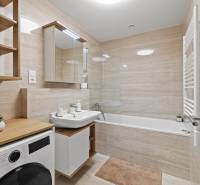 A bathroom in a 3-room apartment with a bathtub, washing machine, and a floor with a wooden decor.