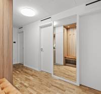A hallway in a 3-room apartment with white doors and a wooden decor floor.