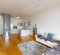 Living room in a two-room apartment with a wooden decor floor and a kitchenette.
