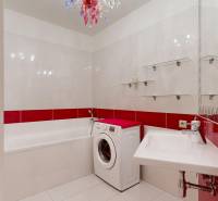 A bathroom in a 2-room apartment with a washing machine, a bathtub, and red tiles.