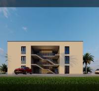 A building in Nin with a parking lot, palm trees, and a modern facade on a postcard.