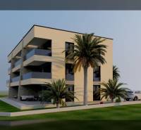 Modern building with palm trees and a parked car, suitable for a 2-room apartment.