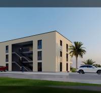 A building in the exterior in the city of Nin, surrounded by palm trees and parked cars.
