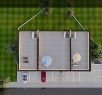 A view from above of a building with a roof with two terraces and parked cars.