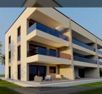 A modern building with large balconies surrounded by palm trees.