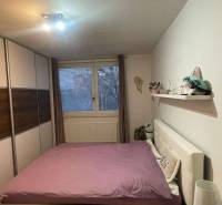 Bedroom in a two-room apartment with a double bed and a built-in wardrobe, floor with wood decor.