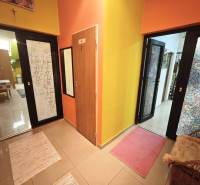 A hallway in a family house with colorful walls and rugs on the floor.