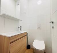 A bathroom in a vacation apartment with a sink, mirror, and floor with a wood decor.
