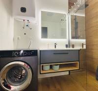 Bathroom with a washing machine, sink, mirror, and boiler. Floor with wood decor.