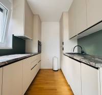 A kitchen in a holiday apartment with wood-patterned flooring and marble countertops.
