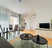 Recreational apartment with wood-patterned flooring, dining table, and television on a cabinet.