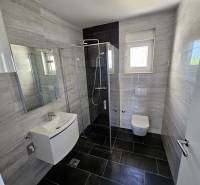 Bathroom in a holiday apartment with a modern shower and a wall-hung toilet.