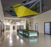 A hallway with plants and geometric curtains in a 2-room apartment.