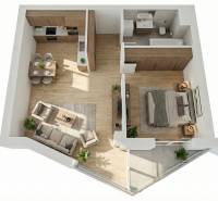 Floor plan of a 2-room apartment with wood-patterned flooring and practical room layout.