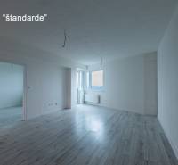 Spacious living room in a 2-room apartment with a wooden decor floor.