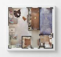 Floor plan of a 3-room apartment with wood decor and various rooms of different sizes.