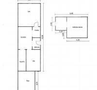 The floor plan of a family house in Siladice with rooms, a kitchen, and an auxiliary building.