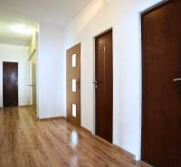 A hallway in a 3-room apartment with a wooden decor floor, white walls, and wooden doors.