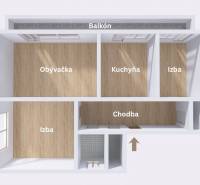Floor plan of a 3-room apartment with a balcony and wooden decor flooring.