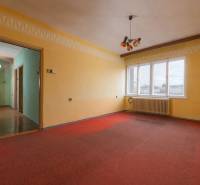 A room with a red carpet, yellow walls, and large windows in a family house.