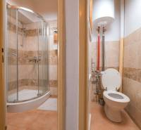 Bathroom in a family house with a corner shower and toilet, beige tiles.