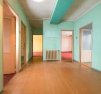 Interior of a family house with green walls and a wooden decor floor.