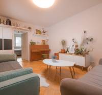 Living room in a 3-room apartment with a wooden decor floor, furniture, and plants.