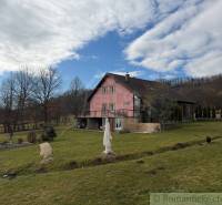 A family house in Lukovištia with a pink facade, lawn, and a statue in the garden.