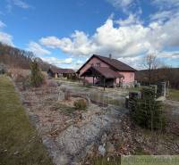 A family house in Lukovištia surrounded by nature, trees, a path, blue sky, clouds.