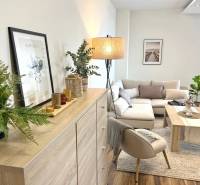 Living room in a three-room apartment furnished with light furniture and plants, with a wooden decor floor.