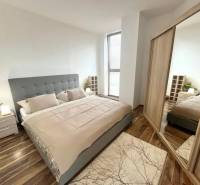 Bedroom in a 3-room apartment, bed, wardrobe with doors, and floor with wooden decor.