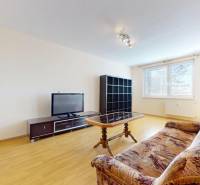 Living room with a sofa, television, and wooden decor flooring in a three-room apartment.