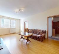Living room in a 3-room apartment with a carpet and a wooden decor floor.