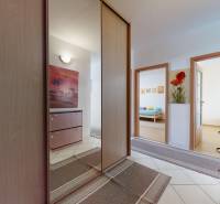 Entrance hall of a 3-room apartment with a mirror and a decorative carpet on the floor.