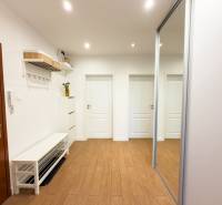 A hallway in a 4-room apartment with a wooden decor floor, a mirror, and coat racks.