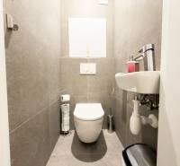 A small bathroom in a 4-room apartment with dark gray tiles and white sanitary fixtures.
