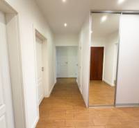 A hallway with a built-in wardrobe and a wooden decor floor in a 4-room apartment.