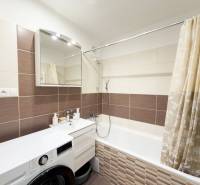 Bathroom in a 4-room apartment with a bathtub, washing machine, and subtle wall tiles.