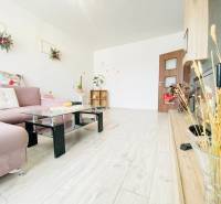 Living room in a three-room apartment with a wood-patterned floor and modern furniture.