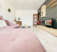 Living room in a 3-room apartment with a pink sofa, decorations, and a wooden-patterned floor.