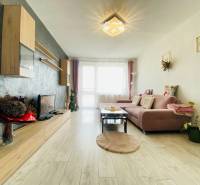 Living room in a three-room apartment with a wooden decor floor and a comfortable sofa.
