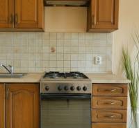 A kitchen unit with a wood decor and a combined stove in a 2-room apartment.