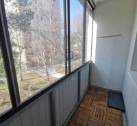 Enclosed balcony with a view of greenery, 2-room apartment, floor with wood decor.