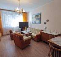 Living room in a two-room apartment with wood-decor flooring, comfortable seating, and a television.