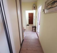 A hallway in a 2-room apartment with a wooden decor floor and a built-in wardrobe.