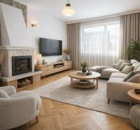 Living room in a family house with a fireplace, sofa, and floor with wooden decor.