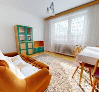 Living room in a family house with older furniture and a carpet on a floor with a wood decor.